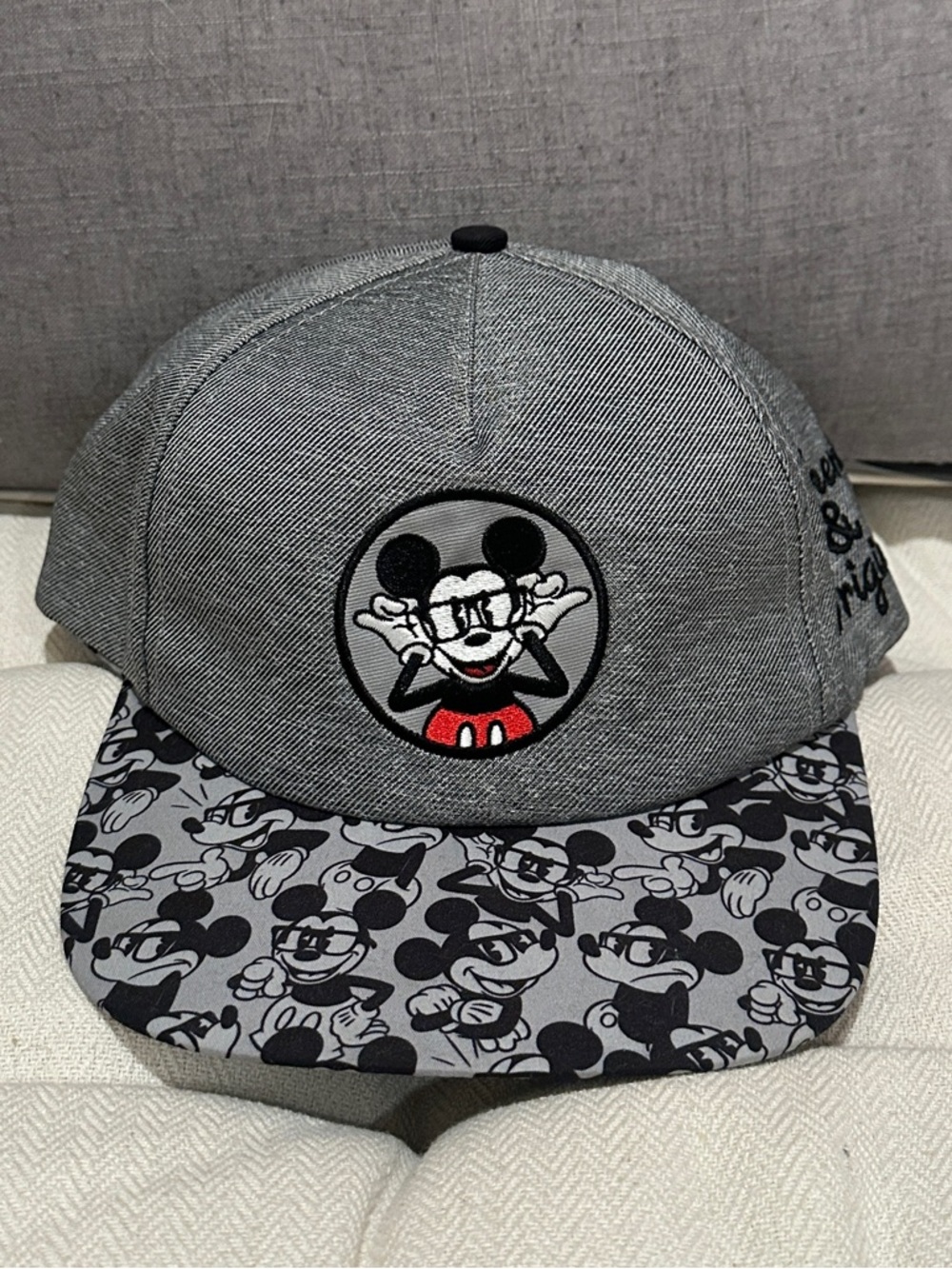 Disney Grey Mickey Mouse Embroidered Snapback Hat with Patterned Brim
